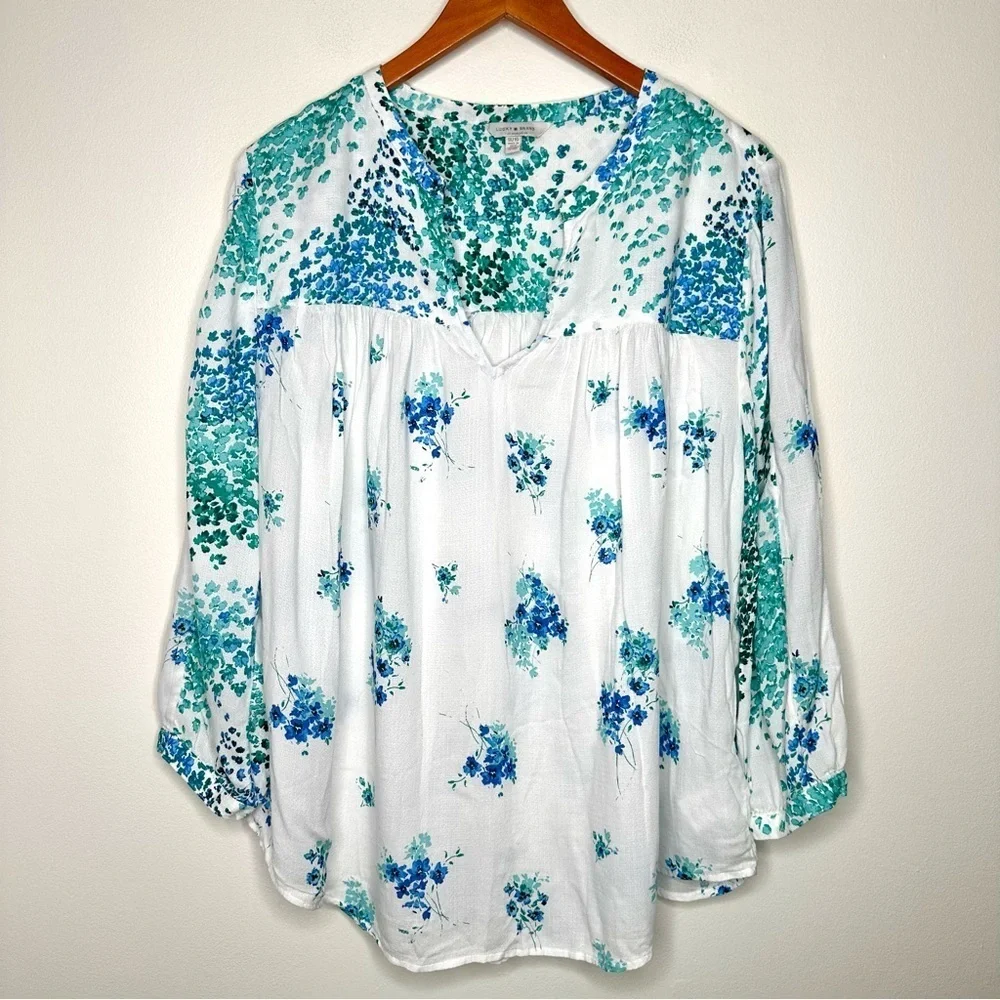 Lucky Brand Blue Green and White Relaxed Floral Tunic Top Size 1X - Picture 8 of 8
